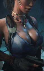 1girls 3d african african_female alf3d big_breasts black_hair breasts capcom choker cleavage dark-skinned_female dark_skin female female_focus gun headphones headset holding_weapon huge_breasts large_breasts necklace resident_evil resident_evil_5 sheva_alomar solo tagme