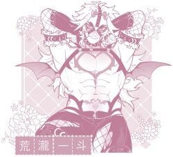 1boy abs arataki_itto fishnets genshin_impact good_lord_look_at_those_titties horns incubus long_hair male male_only man_boobs oni pubic_tattoo rottendevilman solo succubus_tattoo wings yaoi