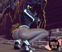 1girls alley ass ass_focus big_ass female female_only fortnite graffiti grey_body hat hoodie masked masked_female mystify_(fortnite) no_pants numbasnsfw purple_hair purple_skin solo solo_female tagme thenumbersdon'tlie thong