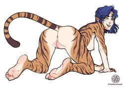 2024 all_fours animal_humanoid anthro bent_over blue_hair cat_ears cat_tail catgirl dbx khloë_cat mascot medium_breasts naked nude_female on_all_fours presenting presenting_anus presenting_pussy soles tail thehormone tiger tiger_print tigergirl