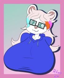 2024 :3 anthro big_breasts blue_clothing blue_hoodie blue_topwear breasts bust clothed clothing female front_heavy_breasts glasses happy hoodie huge_breasts large_breasts long_hair non-euclidean_border out_of_border pandarilao round_ears smiling thin_neck white_fur white_hair