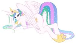 afiaxxa alicorn alpha_channel anthro ass breasts crown dat_plot equine female friendship_is_magic hooves horn looking_back multicolored_hair my_little_pony nipples on_stomach pegacorn pin_up pose princess princess_celestia_(mlp) pussy royalty sideboob solo straight_hair tail unicorn wings