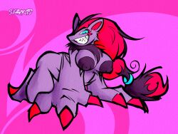 3_fingers anthro areola ass bent_over big_breasts blue_eyes breasts canid canine claws female fingers fur generation_5_pokemon grey_body grey_fur grin long_hair mammal nintendo nipples pokemon pokemon_(species) ponytail red_claws red_hair sharp_teeth smile solo sugarkits teeth tuft zoroark