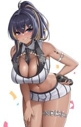 1girls arm_strap bangs bare_shoulders big_breasts blue_eyes blush bra breasts cleavage dark-skinned_female dark_hair detached_collar earrings eyebrows_visible_through_hair female female_only goddess_of_victory:_nikke hair_intakes hair_ornament hand_on_hip hand_on_thigh holding_object long_fingernails long_hair looking_at_viewer makeup microphone minishorts navel necktie necktie_between_breasts noise_(classic_diva)_(nikke) noise_(nikke) official_alternate_costume ponytail shorts smile smiling smiling_at_viewer tattoo thigh_strap thighs tie tie_between_breasts two_tone_hair vest wei_xiao white_background