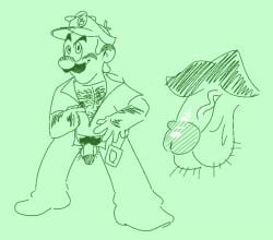 body_hair enterman looking_at_viewer luigi male male_only mario_(series) mario_golf open_clothes open_shirt penis pubic_hair toony unzipping