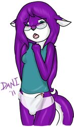 anthro balls blush breasts dani_(daniruu) daniruu ear_piercing earring feline fur furry fursona futanari glasses hair herm intersex long_hair long_tail panties penis piercing purple surprised tail tank_top underwear