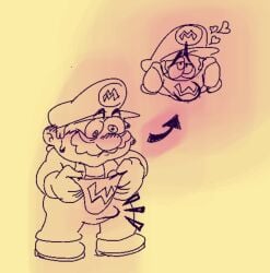 blush blush_lines boner boner_in_pants enterman erection erection_under_clothes logo_on_clothes looking_pleasured male male_only mario mario_(series) monochrome smell smelling sniffing sniffing_clothes solo_male underwear underwear_sniffing wario