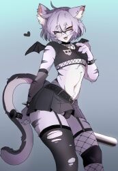 1boy 2022 a_go ago_(pixiv) baseball_bat belt bulge bulge_in_panties cat_ears cat_tail choker commission crop_top ear_piercing eyebrows_visible_through_hair felid feline femboy fishnet_crop_top fishnet_topwear furry garter_straps girly glasses grey_hair inner_ear_fluff original original_character panties_bulge skirt spiked_bracelet tail thick_eyebrows thighhighs yellow_eyes