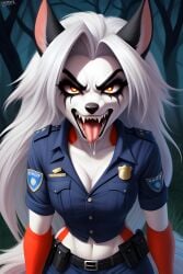 1girls ahe_gao ai_generated angry anthro canid_demon canine clothing drooling eye_contact face_fetish female furry helluva_boss looking_at_viewer loona_(helluva_boss) police policewoman tongue white_fur white_hair