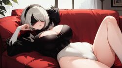 ai_generated ass breasts cameltoe cleavage cleavage_cutout couch female huge_breasts jorgecarlosai leotard navel nier nier:_automata nier_(series) nier_replicant posing pussy short_hair thick thick_ass thick_thighs tight_clothing white_hair wide_hips yorha_2b