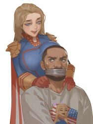 1boy 1girls big_breasts blonde_hair blue_eyes breasts chair clothed clothed_female clothed_male clothing color dominant_female duct_tape duct_tape_gag female female_focus femdom fully_clothed genderswap genderswap_(mtf) hetero homelander human licking_lips light_skin long_hair looking_at_partner male malesub open_eyes open_mouth open_smile rule_63 simple_background smile standing straight submissive_male the_boys twitter_link white_background xia_finger