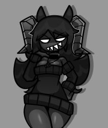 black_hair breasts choker cleavage demon demon_girl hand_on_hip horns limeslemonades long_hair long_sleeves looking_at_viewer necklace off-shoulder_sweater sharp_teeth shoulders sweater tagme the_binding_of_isaac the_siren_(the_binding_of_isaac) thick_thighs white_eyes wide_hips