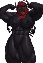 1girls abs athletic_female bandana big_breasts black_body female female_only flexing flexing_bicep horns looking_at_viewer muscles muscular muscular_female muscular_thighs pointy_ears red_eyes red_hair solo sotcho very_high_resolution white_background