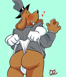 anthro ass black_nose bottomless briefs brown_fur bulge closed_eyes clothed clothing food green_background grey_clothing grey_hat grey_headwear grey_suit hat headgear headwear heart hi_res male male_only open_mouth pretzelgremlin sam_and_max samuel_dog siembodied_hands signature simple_background solo suit teeth_showing tighty_whities underwear wedgie white_briefs white_clothing white_dress_shirt white_underwear