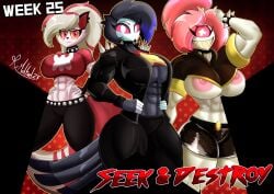 1_eye 2023 3girls abs anthro areolae areolae_slip avian avian_demon avian_humanoid biceps big_breasts black_feathers blue_highlights breasts buff cherri_bomb_(hazbin_hotel) crop_top crossover crymini_(hazbin_hotel) cyclops cyclops_girl demon demon_girl demon_humanoid ear_piercing earrings feathered_tail feathers female female_only fingerless_gloves hair hazbin_hotel hellhound helluva_boss humanoid leather_clothing leather_jacket leather_pants long_hair long_sleeves looking_at_viewer mrmelted muscular muscular_female navel nipple_slip nipples octavia_(helluva_boss) owl owl_demon owl_girl pale-skinned_female pink_eyes pink_hair pink_sclera ponytail raised_eyebrow red_highlights sharp_teeth short_hair short_sleeves shorts shoulder_spikes smile smiling spiked_belt spiked_bracelet spiked_collar spotted_hyena tail thick_thighs triceps trio underboob vivienne_medrano vivziepop white_eyes white_hair white_skin x_pupil x_pupils yellow_pupils yellow_sclera