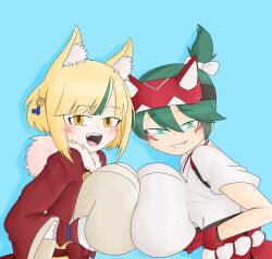 2girls blonde_hair breast_press commission crossover female female_only fingerless_gloves fire_emblem fire_emblem_fates fox_girl gloves glowing_eyes green_eyes green_hair huge_breasts kiriko_(overwatch) kitsune looking_at_viewer multicolored_hair nintendo open_mouth overwatch petelewddigger selkie_(fire_emblem) short_hair smile symmetrical_docking trait_connection yellow_eyes