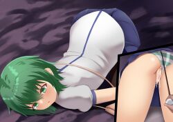 1girl 1girls after_sex after_vaginal android blush blush_lines blushing cum cum_in_pussy cum_inside drooling female green_eyes green_hair handbag ichiban_ushiro_no_daimaou korone light-skinned_female panties pulling_tail school_uniform schoolgirl short_hair sikinonoto skirt sleeping striped_panties tail waking_up