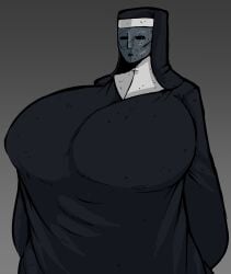 big_breasts breasts clothed clothed_female huge_breasts hyper_breasts looking_at_viewer mask masked_female monster nightmare_waifu nipple_bulge nun nun's_habit nun_outfit repomorame robe solo solo_female stone_mask