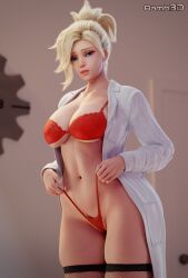 1female 3d bamh3d blonde blonde_hair blue_eyes doctor european european_female female_only lab_coat mercy overwatch overwatch_2 pale-skinned_female ponytail red_lingerie solo stockings swiss swiss_female underboob