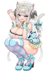1girls :d absurdres animal_ear_fluff animal_ears arato_asato bangs bell black_bow blue_bow blue_eyes blue_thighhighs blush bow breasts cat_ears cat_girl cat_tail cleavage cleavage_cutout clothing_cutout davi_artman dress female footwear_bow frills full_body gloves grey_hair hair_ornament hairbow hand_on_own_face heart_cleavage_cutout heart_cutout high_heels highres holding holding_rattle huge_breasts indie_virtual_youtuber kemonomimi_mode knees_to_chest large_breasts looking_at_viewer maid_headdress name_tag oerba_yun_fang open_mouth paw_print rattle shoes short_hair shortstack simple_background skin_fang smile smug solo squatting striped striped_thighhighs tail tail_bow tail_ornament thick_thighs thighhighs thighs virtual_youtuber white_background