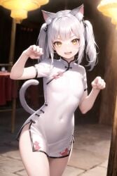 1girls ai_generated animal_ear_fluff bare_thighs cat_ears cat_tail catgirl china_dress chinese_clothes covered_navel fangs inner_ear_fluff looking_at_viewer open_smile original paw_pose shiny_clothes shiny_hair shiny_skin short_sleeves silver_hair skin_tight small_breasts smile taut_clothes taut_dress thighs twintails white_dress white_hair yellow_eyes young