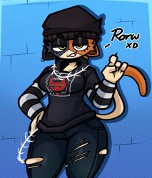 beanie black_fur cat_ears cat_tail catgirl fortnite hoodie limeslemonades long_sleeves looking_at_viewer meow_skulls_(fortnite) necklace orange_fur pants sharp_claws tagme text torn_clothes white_fur xd yellow_eyes