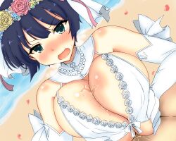 1boy 1girls beach blue_eyes blue_hair blush bra breasts cleavage embarrassed engulfing_paizuri gloves huge_breasts light-skinned_female light-skinned_male light_skin lingerie nose_blush outside paizuri paizuri_lead_by_female precum senran_kagura sougiri_sakuya wedding_attire wedding_lingerie white_gloves yozakura_(senran_kagura)