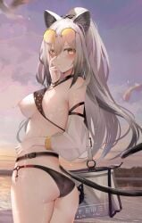 1girls 2023 animal_ears arknights ass beach big_breasts bikini blush breasts breasts_out cat_ears cat_tail catgirl female golden_eyes grey_hair hi_res kemonomimi light-skinned_female light_skin long_hair looking_at_viewer looking_back nipples nude outside ru_zhai schwarz_(arknights) solo swimsuit