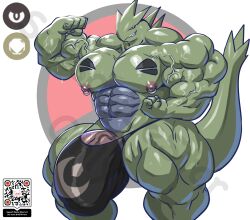 5_fingers abs anthro areola biceps big_bulge big_muscles biped bulge countershade_torso countershading fingers flexing generation_2_pokemon genitals green_body hi_res huge_bulge huge_muscles hyper hyper_bulge hyper_muscles male masterelrest muscular muscular_anthro muscular_male nintendo nipple_piercing nipples pecs penis piercing pokemon pokemon_(species) qr_code solo tail tyranitar vein veiny_muscles veiny_penis