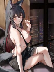 1girls 2023 animal_ear_fluff animal_ears arknights black_hair blush breasts breasts_out earrings extra_ears golden_eyes hi_res kemonomimi legs_crossed light-skinned_female light_skin looking_at_viewer nipples pocky ru_zhai sitting solo tail texas_(arknights) wolf_ears wolf_girl wolf_tail