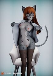 3d_(artwork) absurd_res anthro breasts chair clothed clothing digital_media_(artwork) eyewear felid female furniture genitals glasses hair hi_res legwear mammal momo_(disambiguation) monarquis open_clothing open_shirt open_topwear pantherine pubic_hair_peek pussy red_hair shirt simple_background snow_leopard solo stockings topwear