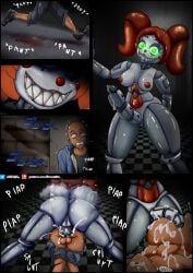 1boy 1futa 2d all_fours anal anal_penetration anal_sex animatronic baby_(fnafsl) bald breasts circus_baby circus_baby_(fnaf) clown comic cum dark-skinned_male dark_skin dialogue dickgirl dominant dominant_female ejaculation femboy five_nights_at_freddy's five_nights_at_freddy's:_sister_location fnaf futa/male futa_is_bigger futa_on_male futa_sans_balls futanari green_eyes human inflation inmersion_(artist) intersex large_breasts male male_penetrated male_victim menacing nude orgasm original_character penis penis_shadow pussy rape red_hair robot robot_girl robotic_penis sex sharp_teeth silhouette smile text thick thick_thighs twitter_username