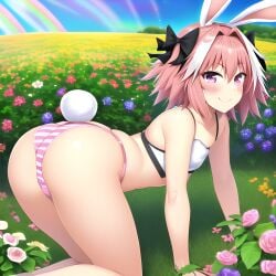 1boy ai_generated all_fours ass ass_focus astolfo_(fate) big_ass big_butt bunny_ears bunny_tail crop_top fate_(series) femboy flower from_behind garden girly looking_at_viwer looking_back novelai panties pink_eyes pink_hair pov presenting_hindquarters rabbit_ears rabbit_tail rainbow rear_view smile smiling smiling_at_viewer striped_panties