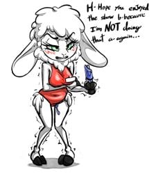 angry anthro black_text blush blush_lines bovid breasts caprine clothing cloven_hooves dawn_bellwether dialogue disney embarrassed female floppy_ears food green_eyes hooves mammal one-piece_swimsuit popsicle red_clothing red_swimwear sheep simple_background solo standing swimwear text unguligrade violetechoes white_background zootopia