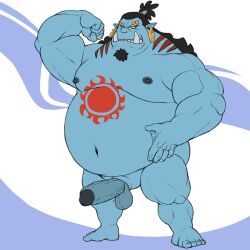 anthro balls bara blue_body blue_skin boner daddy dilf erection facial_hair fish-men_(one_piece) flexing genital_slit hunk jinbe male male_only nude obese obese_male one_piece othukimi overweight overweight_male penis slit solo solo_male