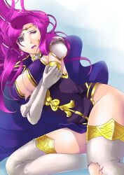 1girls annoyed boots breasts brunnya_(fire_emblem) cape cleavage crossed_arms embarrassed female female_only fire_emblem fire_emblem:_the_binding_blade highres jewelry large_breasts long_gloves long_hair mature_female mitukan_1016 nintendo pauldrons pink_hair purple_eyes purple_hair solo thick_thighs torn_clothes voluptuous wide_hips