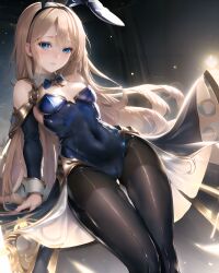 ai_generated belly_button blonde_hair blue_eyes bunny_ears bunnysuit league_of_legends luxanna_crownguard makinbits pantyhose small_breasts stable_diffusion tagme