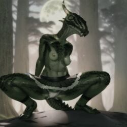 ai_generated argonian female female female_only green_scales horns lusty_argonian_maid outdoors panties scales skirt small_breasts squatting the_elder_scrolls upskirt white_panties