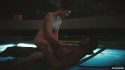 1boy 1girls 3d aurore_cassel cowgirl_position cyberpunk_2077 cyberpunk_2077:_phantom_liberty earrings female ginger male naked pool sex tagme v_(cyberpunk_2077) vincent_(cyberpunk_2077)