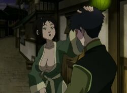 1boy 1girls accurate_art_style avatar_legends avatar_the_last_airbender brushing_hair cleavage couple date earth_kingdom female fire_nation green_clothing green_eyes jin_(avatar) male screencap screenshot screenshot_edit seductive spiky_hair zuko