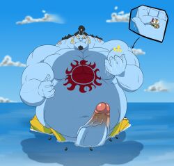 anthro balls big_penis blue_body blue_skin boner erection facial_hair fish-men_(one_piece) huge_cock jinbe macro male male_only miguel_okami one_piece overweight partially_submerged penis pirate_ship solo solo_male water