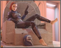 1girls 3d accurate_art_style airress3d_(3d-modeller) armor barefoot blender bo-katan_kryze chair clone_wars clothed_female feet female female_only human human_only light-skinned_female light_skin mandalorian medium_breasts official_style on_chair red_hair shoes_removed sitting skinny slim snafusevsix soldier soles solo solo_female star_wars the_mandalorian:_season_three throne toenail_polish toes tomboy weapon