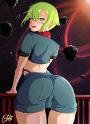 1boy 1femboy 2020s 2023 arched_back ass balls big_ass blush dat_ass elan_ceres eyebrows eyelashes femboy femboy_only girly green_eyes green_hair gundam gundam_suisei_no_majo looking_at_viewer looking_back midriff open_mouth ophimon shorts solo space standing testicles thighs twink