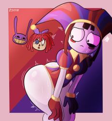 2023 2d 2d_(artwork) 2d_artwork artist_request ass big_ass breasts brown_hair female glitch_productions gloves gooseworx jax_(the_amazing_digital_circus) jester jester_costume jester_hat jester_outfit looking_at_ass pomni pomni_(the_amazing_digital_circus) ragatha ragatha_(the_amazing_digital_circus) shaking_ass short_hair small_breasts sweat sweatdrop sweating tagme the_amazing_digital_circus thick_thighs white_body
