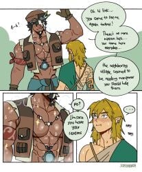 blonde blonde_hair blush blushing gay link link_(tears_of_the_kingdom) male_only muscle_worship muscles muscular muscular_male no_visible_genitalia suyohara sweat tauro_(the_legend_of_zelda) tears_of_the_kingdom the_legend_of_zelda yaoi