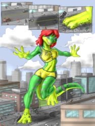 1futa 2006 3:4 anthro bottomwear bra breasts building_destruction bulge chaswari city city_destruction clothed clothing cloud doral feet futa_focus futa_giantess futanari gecko giantess green_body group hotpants implied_futanari intersex lizard long_tail macro micro red_hair reptile scalie shorts sky smile solo_focus sports_bra stomping stripes tail toes underwear vehicle_destruction