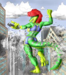 1futa 2006 anthro bottomwear bra breasts building_destruction bulge chaswari city_destruction clothing cloud death doral futa_focus futa_giantess futanari gecko giantess green_body group hotpants implied_futanari intersex lizard long_tail macro micro red_hair reptile scalie shorts sky smile solo_focus sports_bra stomping stripes tail underwear