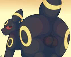 annoyed ass backsack balls black_body bodily_fluids eeveelution feral generation_2_pokemon genitals hi_res looking_at_viewer looking_back male nintendo noirnoir perineum pokemon pokemon_(species) raised_tail red_eyes simple_background solo sweat tail umbreon yellow_body