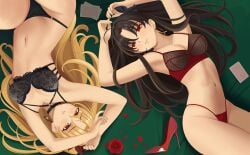 2girls absurdres arms_up black_choker black_hair blonde_hair bra breasts card choker ereshkigal_(fate) fate/grand_order fate_(series) female female_only flower high_heels highres human ishtar_(fate) long_hair looking_at_viewer lying medium_breasts multiple_girls navel on_back panties petals quatthro red_eyes red_flower red_rose rose stomach two_side_up underwear underwear_only very_long_hair