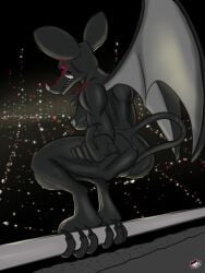 3_toes 5_fingers anthro anus ass bat bat_ears bat_nose bat_wings beckoning bedroom_eyes big_ears black_body black_fur black_sclera chest_tuft city city_background city_lights cityscape crotch_tuft digitigrade duo fangs feet female fingers fur gargoyle genitals gesture gesturing_at_viewer glowing glowing_eyes hi_res looking_at_viewer looking_back mammal membrane_(anatomy) membranous_wings monster muscular muscular_anthro narrowed_eyes night on_rail prehensile_tail presenting presenting_hindquarters pussy railing red_eyes seductive sharp_teeth smile smiling_at_viewer spread_wings tail teeth toes tuft wings word360